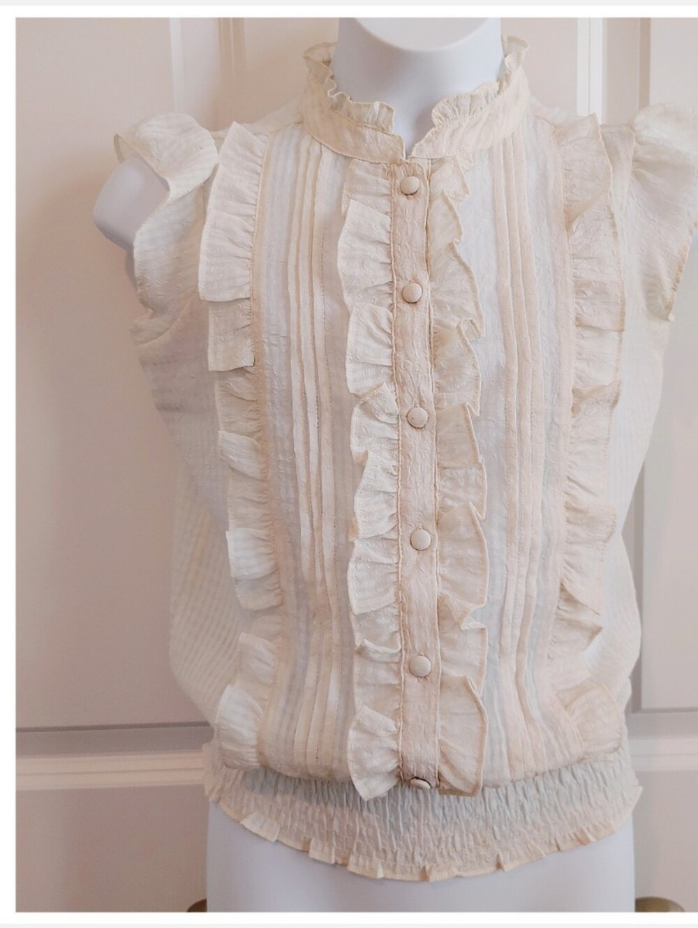 Ivory Cream Semi-Sheer Ruffle Blouse